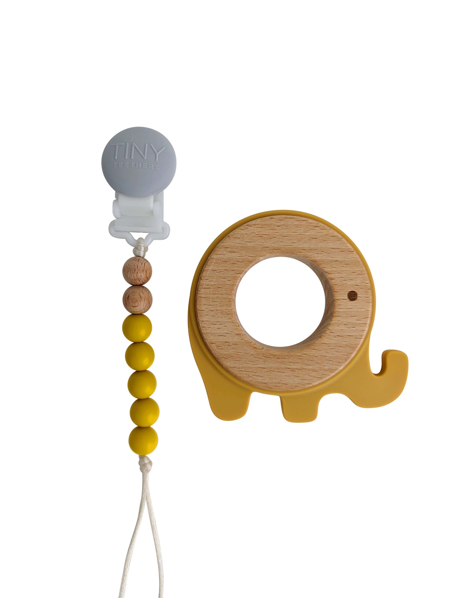 Mustard Elephant Teether: Silicone and Wood Teether
