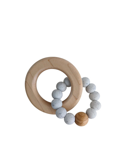White Speckled Silicone and Maple Wood Teething Ring