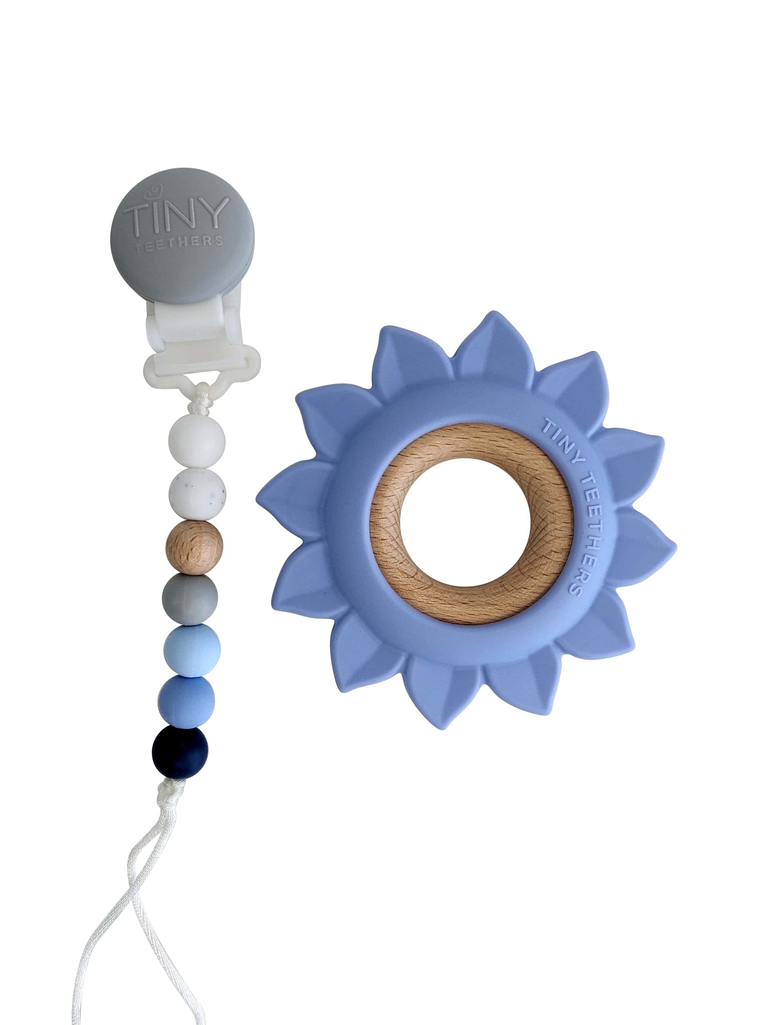 Blue Flower Teether on a Beaded Silicone Pacifier Clip