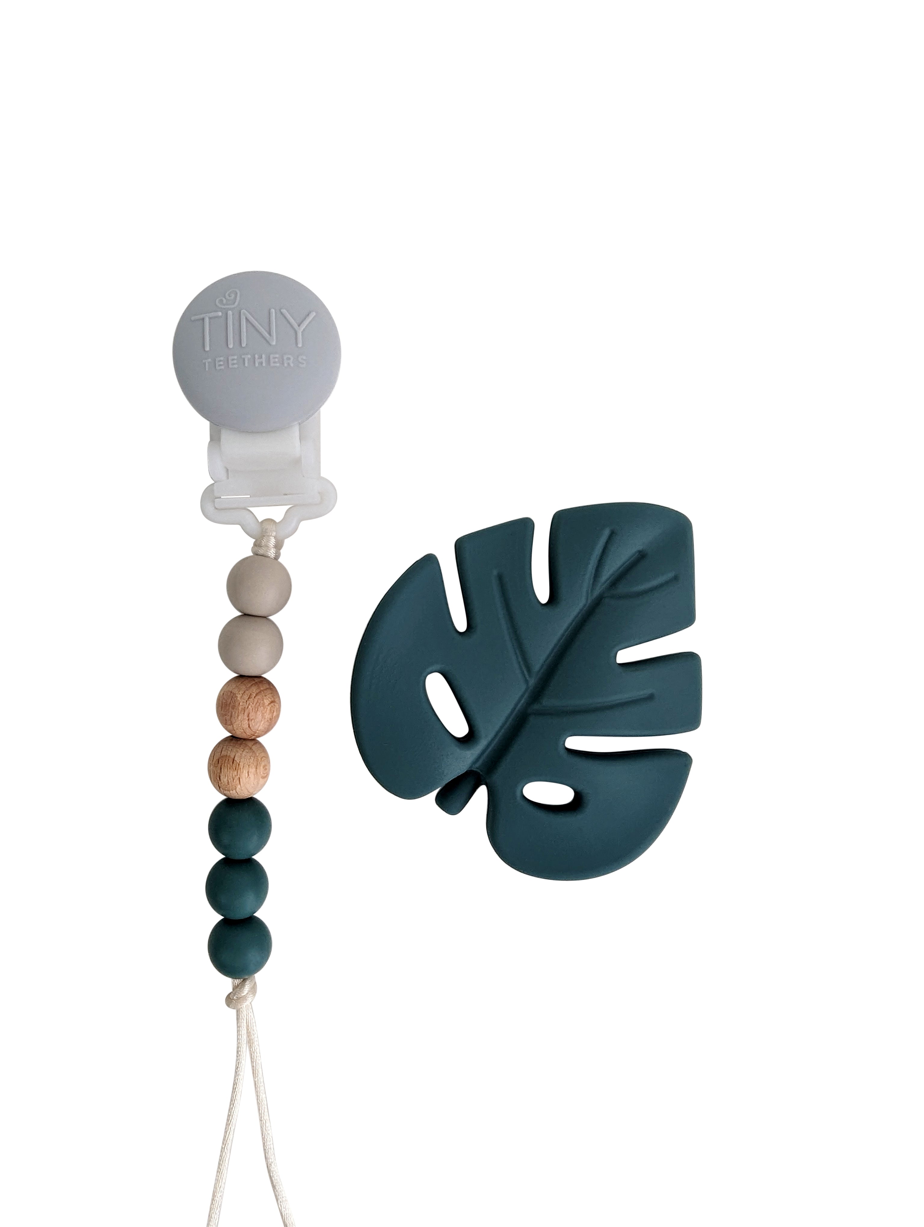 Blue Pine Leaf Teether on a Pacifier Clip