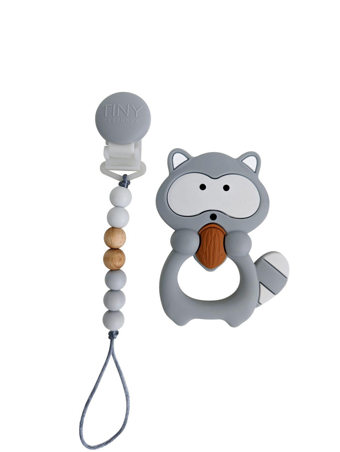 raccoon teether and pacifier clip