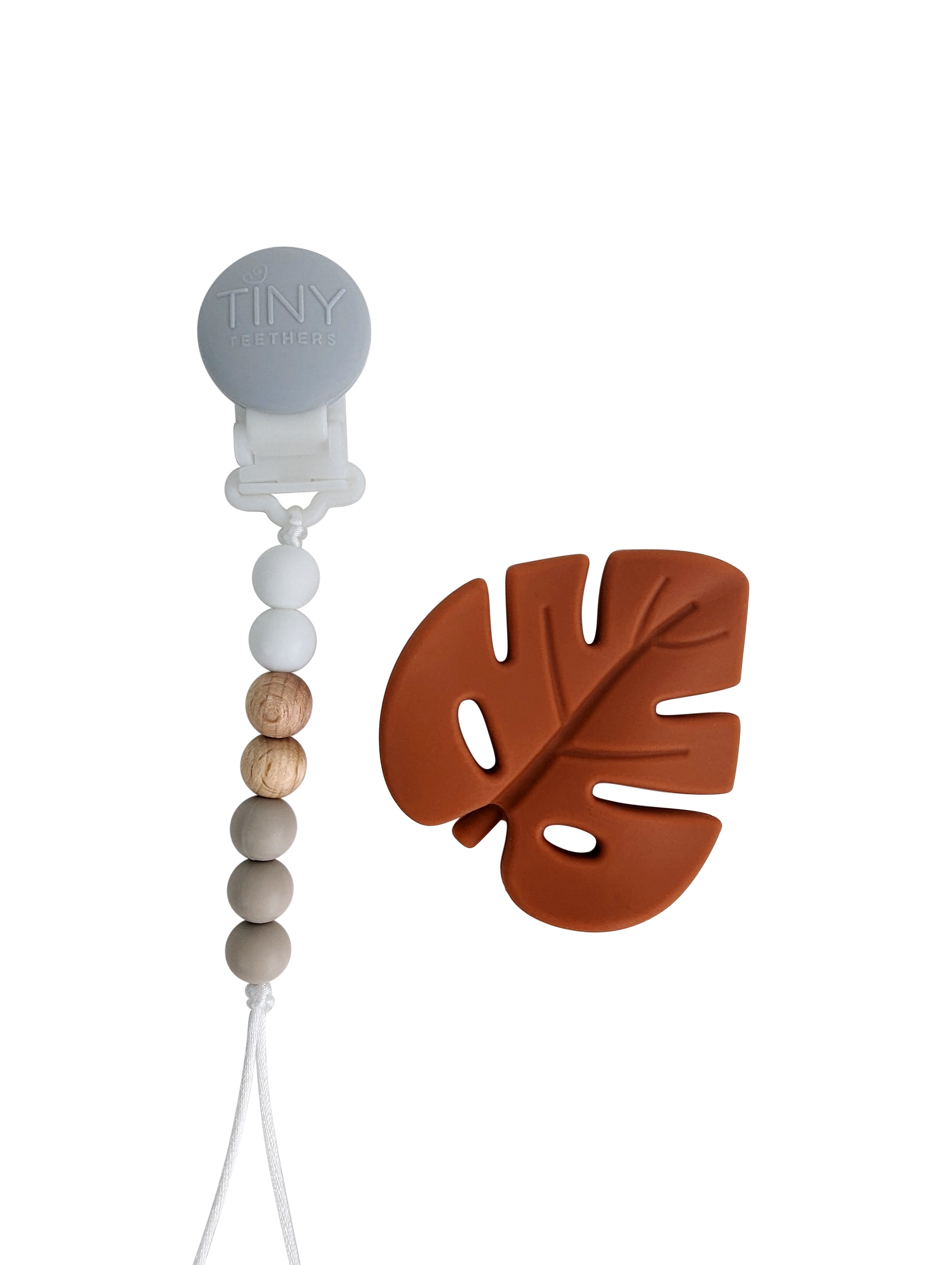Burnt Sienna Leaf Teether on a Pacifier Clip