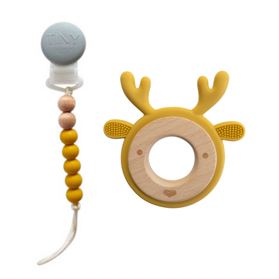 mustard deer teether silicone and wood with pacifier clip