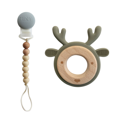 sage deer teether silicone and wood with pacifier clip