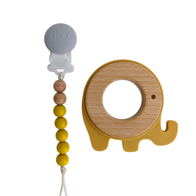 Mustard Elephant Teether: Silicone and Wood Teether