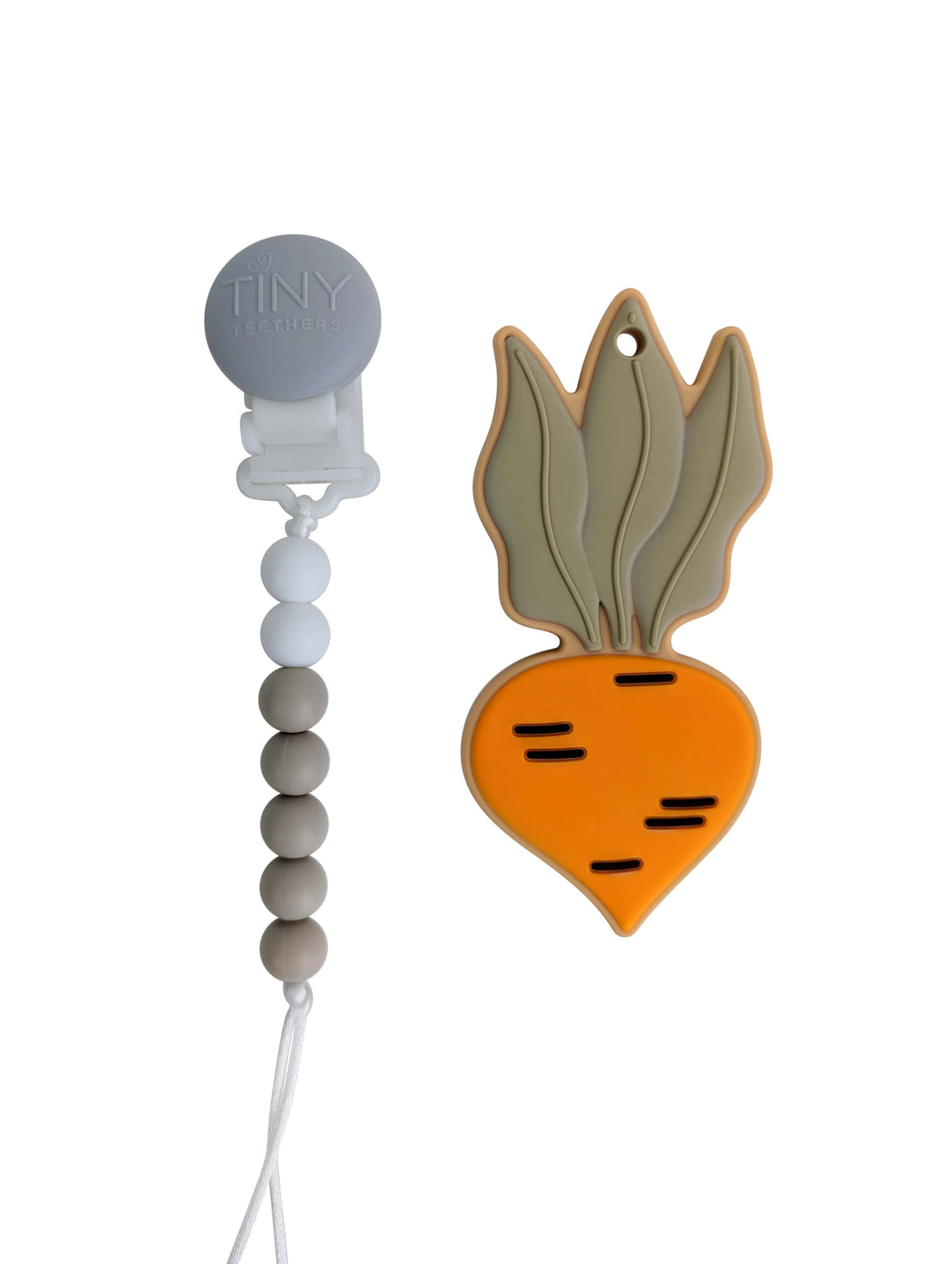 vegetable teether on a pacifier clip