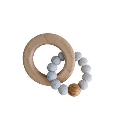 White Speckled Silicone and Maple Wood Teething Ring