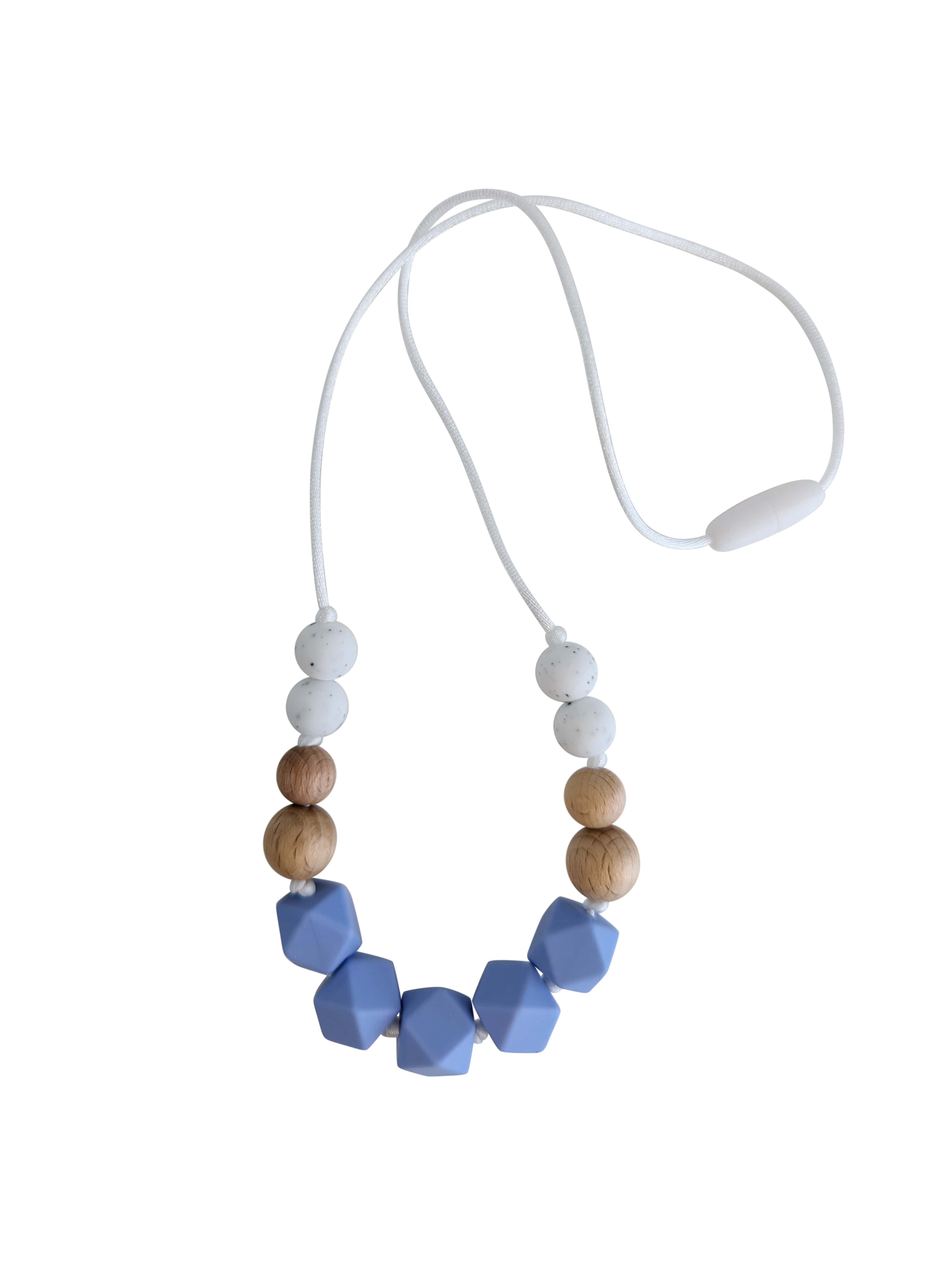 Blue, wood and speckled teething necklace