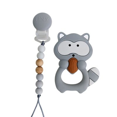 raccoon teether and pacifier clip
