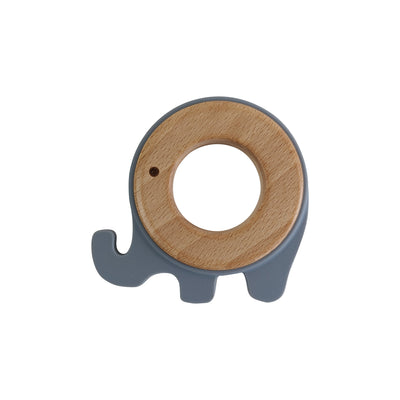 grey silicone and wood elephant teether