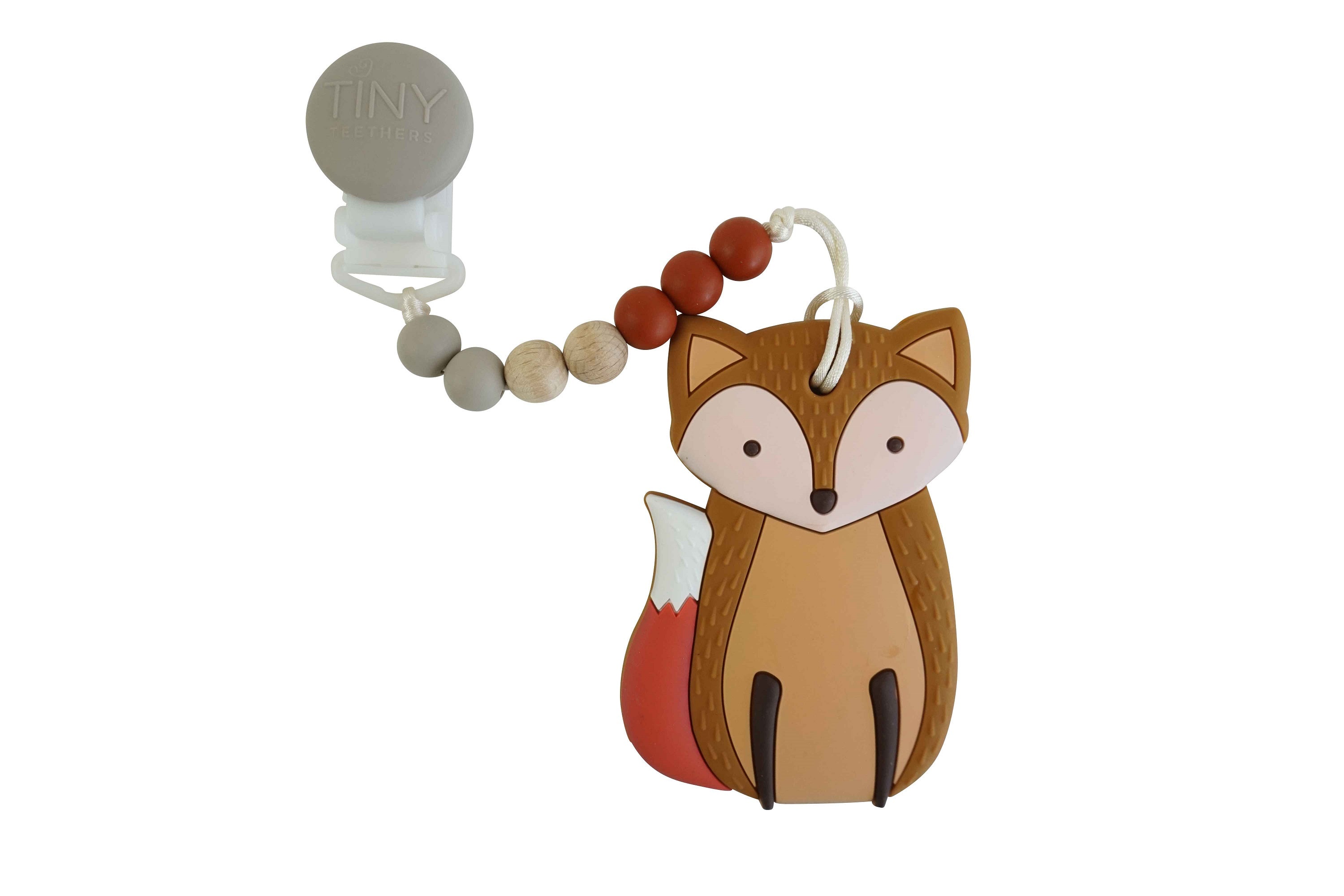 fox teether on a pacifier clip