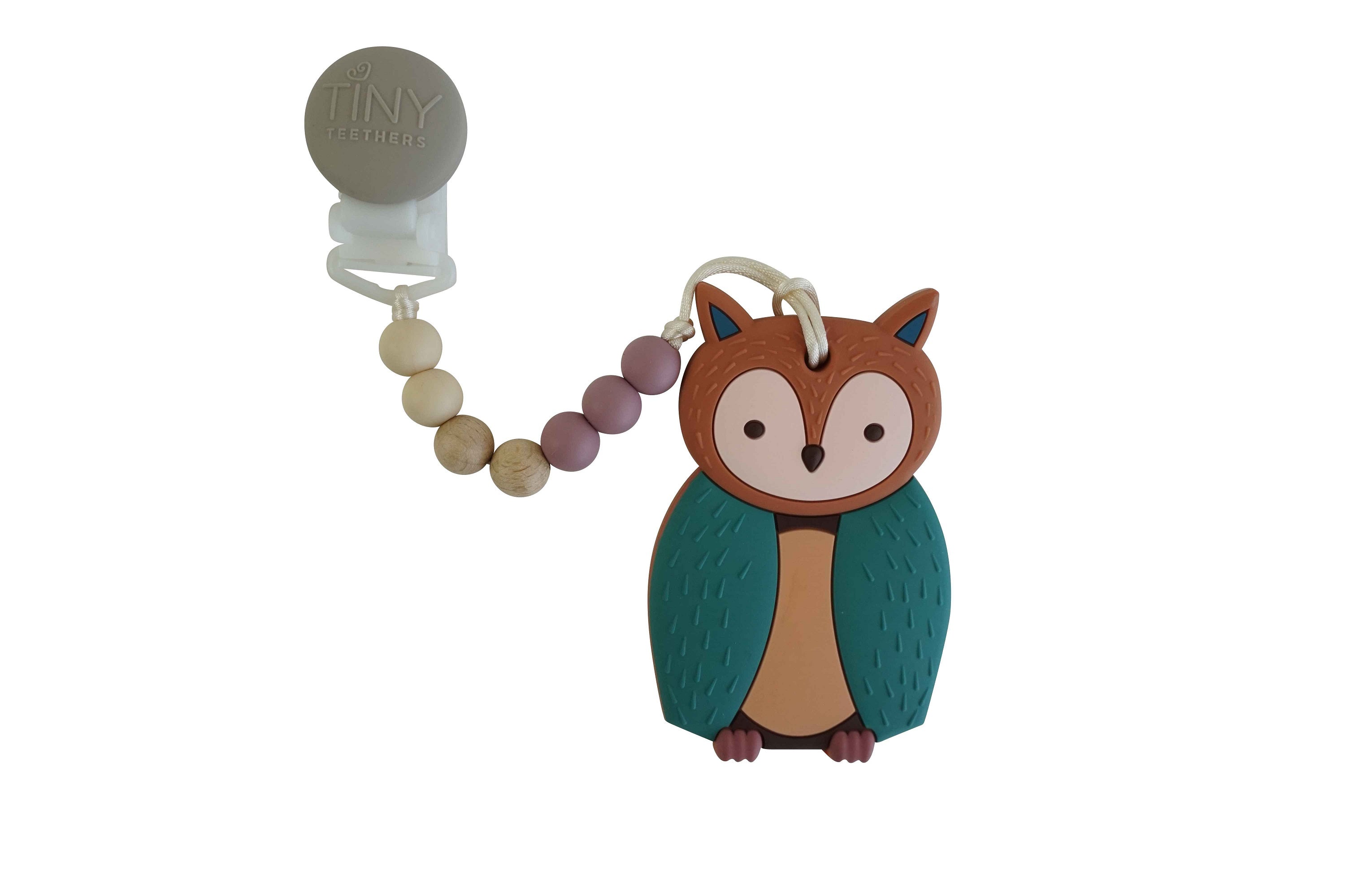 owl teether on a pacifier clip