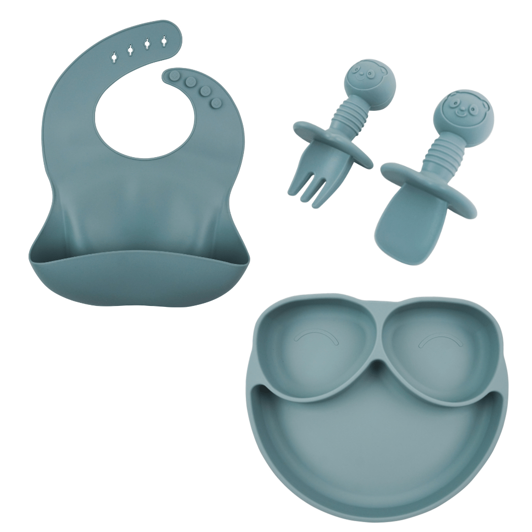 Blue silicone plate, bib and utensils